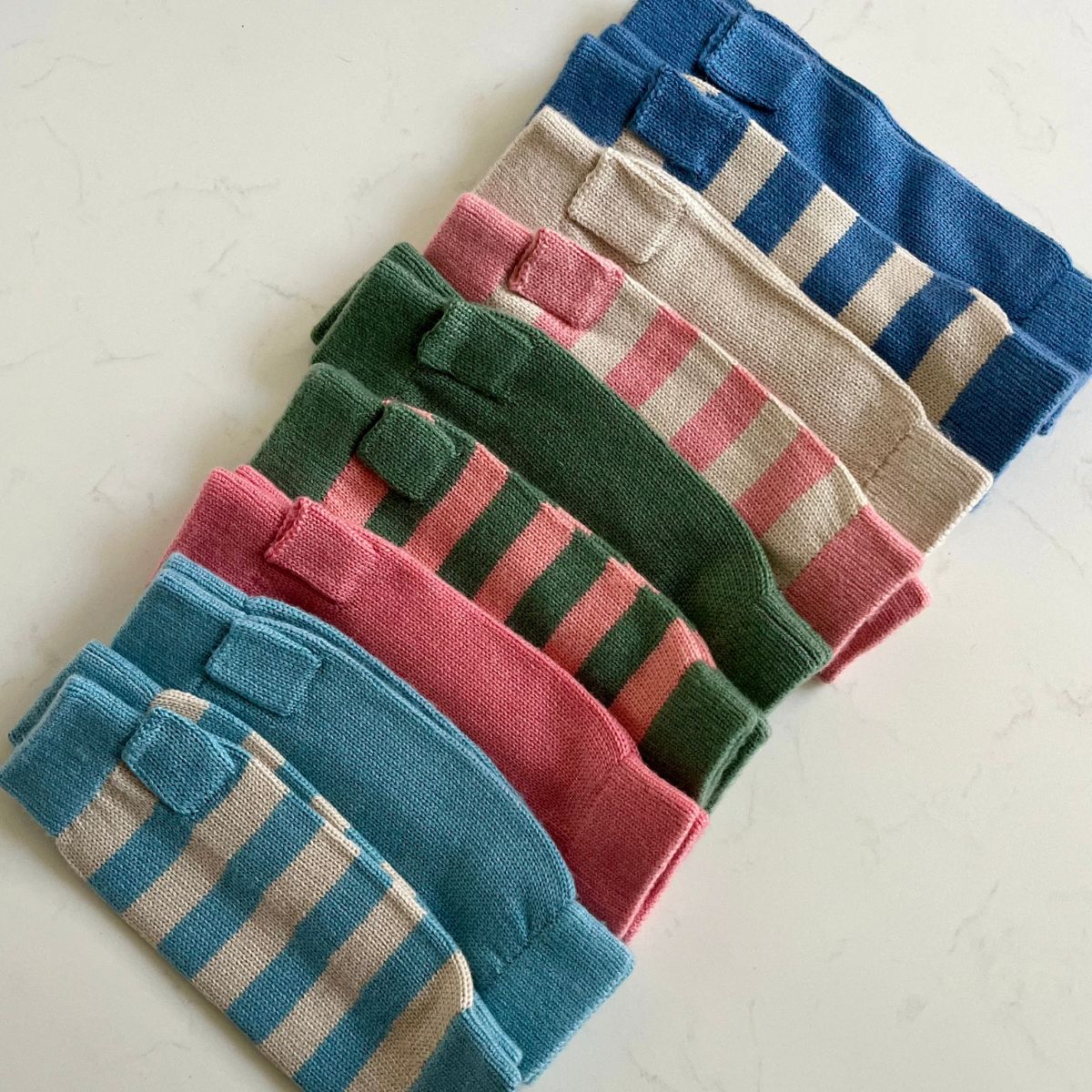Cashmere Wrist Warmers – Mid Blue / Oatmeal stripe