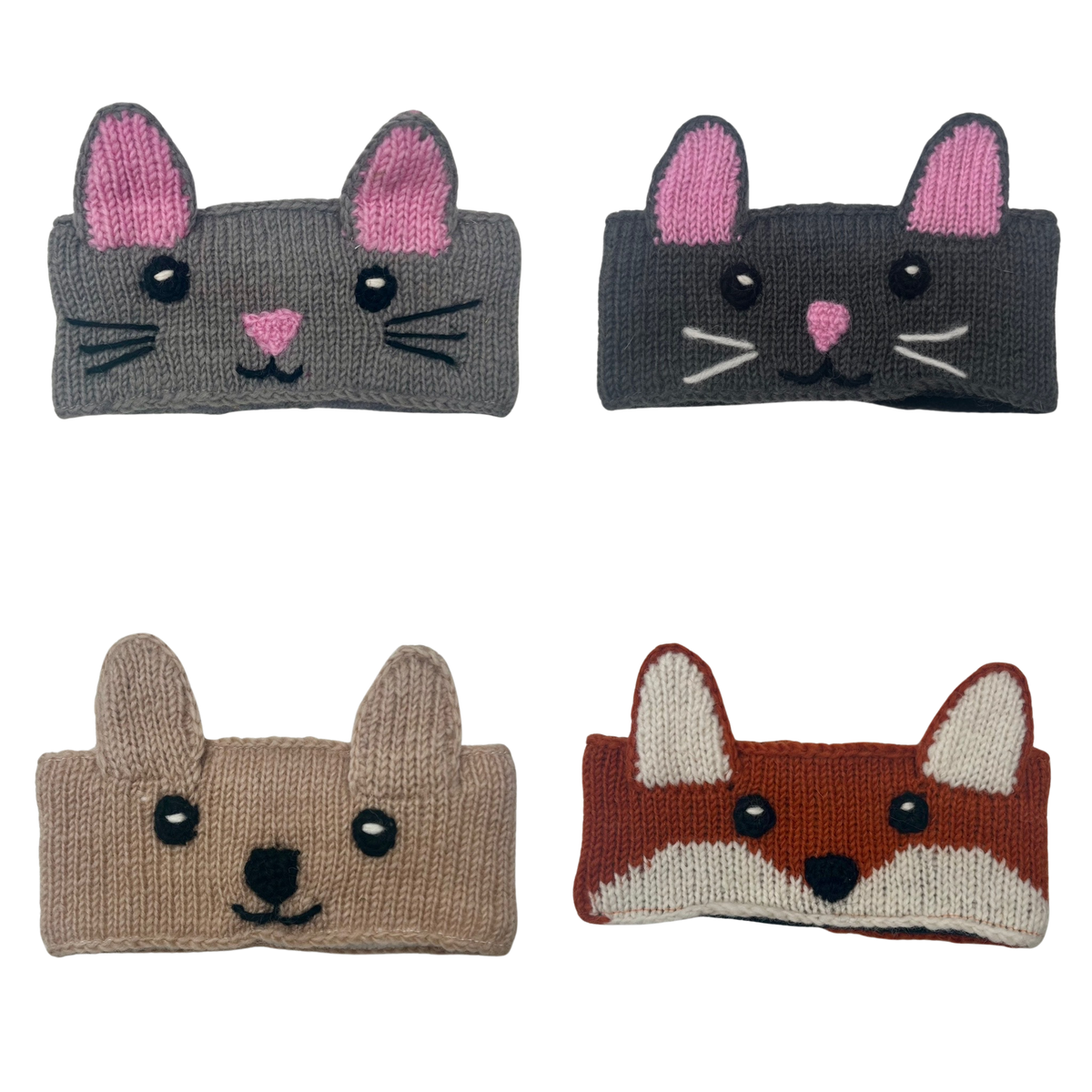 Four knitted animal-face headbands arranged in a 2x2 grid on a white background, featuring light gray mouse and a charcoal grey cat, both with pink ears, a cute light brown bear, and a red fox with cream ears.