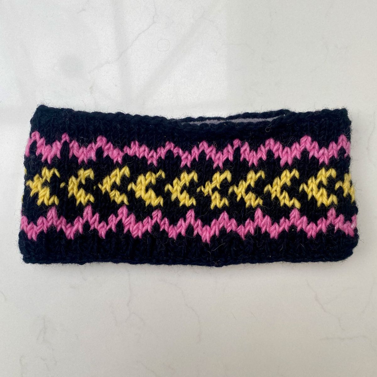 Knitted Fleece-Lined Headband - Black & Pink Patterned