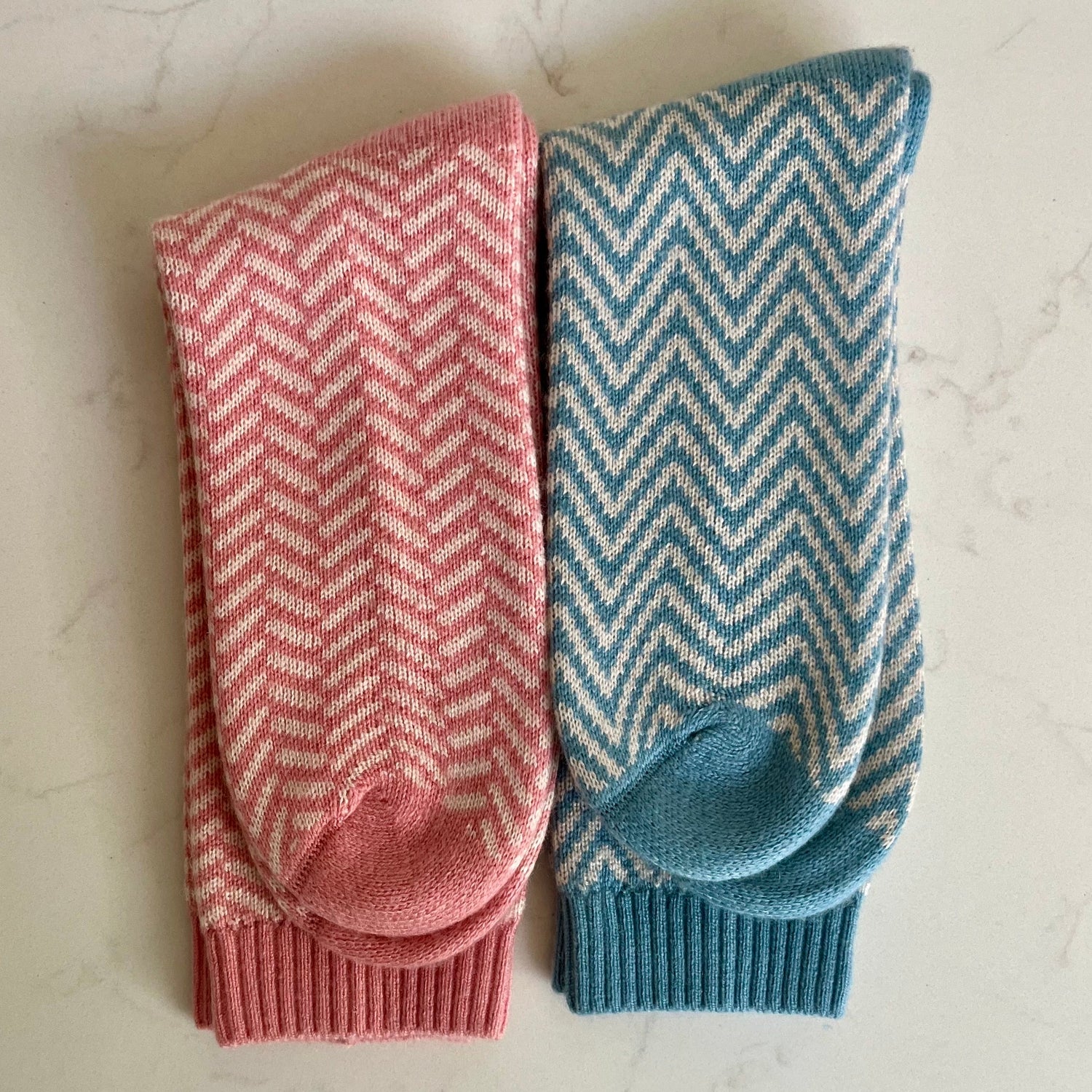 Saddle Creek cashmere socks pink and blue