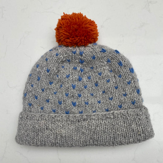Woollen Bobble Hat - Grey Patterned with Orange Bobble