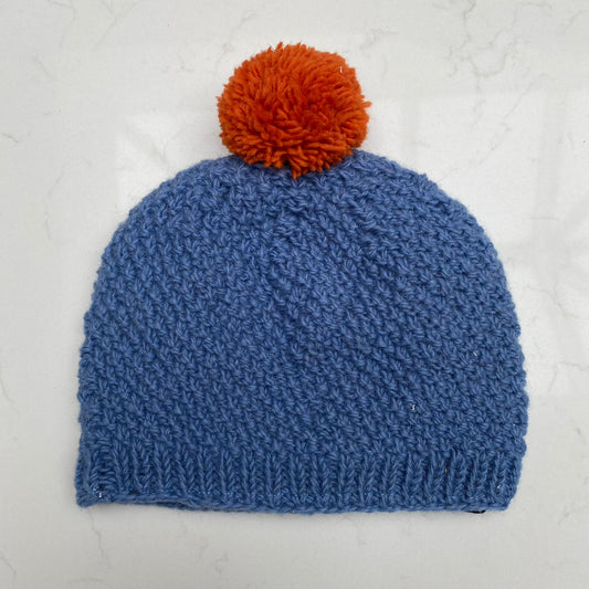 Woollen Bobble Hat - Denim Blue & Orange
