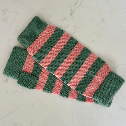 Cashmere Wrist Warmers – Sea Green / Pink stripe