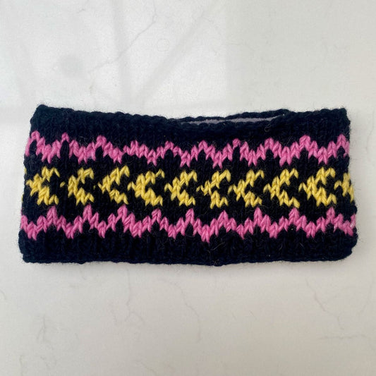 Knitted Fleece-Lined Headband - Black & Pink Patterned