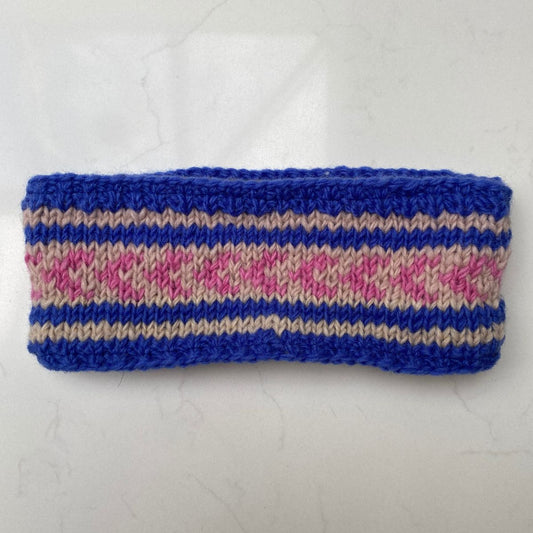 Knitted Fleece-Lined Headband - Blue & Rose Patterned