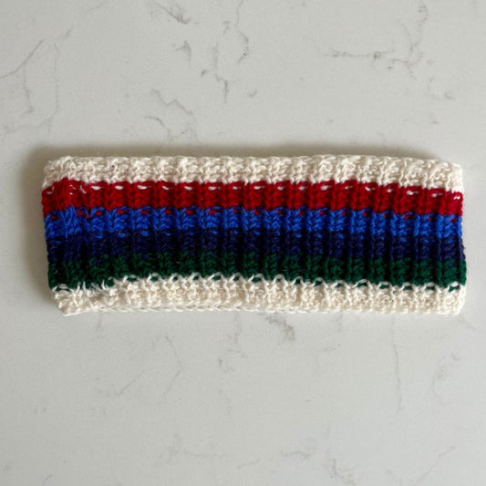 Knitted Fleece-Lined Headband - Cream and Multi-Coloured scandi stripe