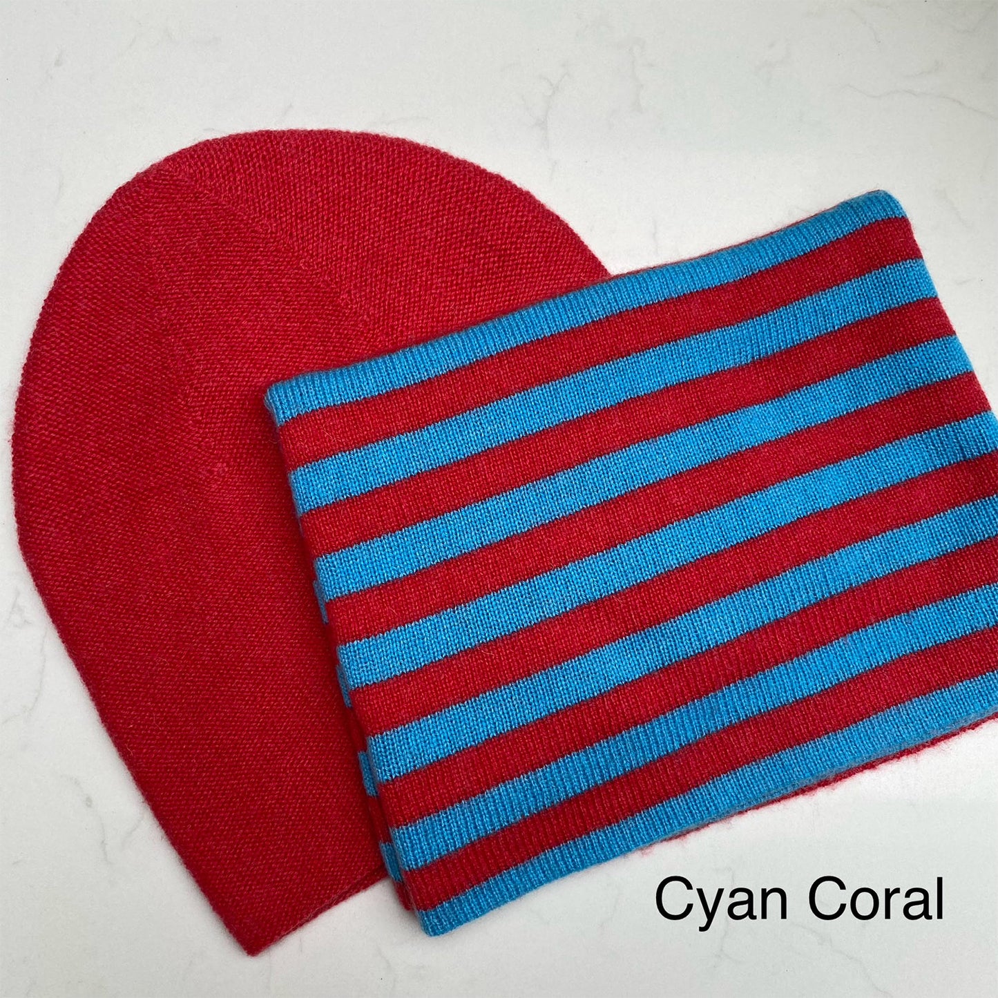 Cashmere Snood & Beanie Gift Set - Cyan & Coral