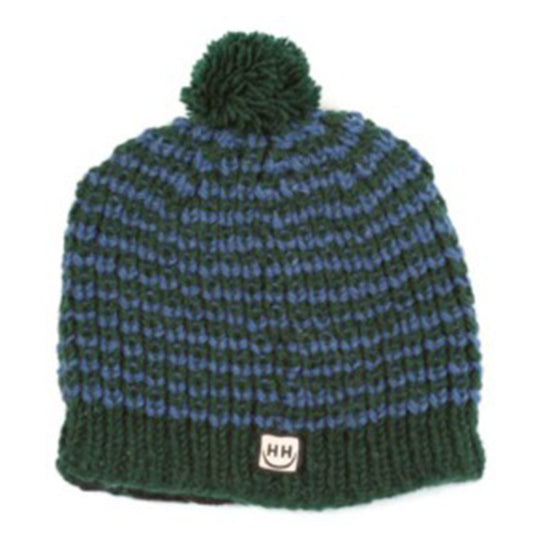 Woollen Bobble Hat - Green & Denim Blue Striped