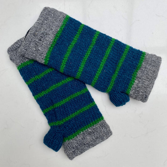 Knitted Wristwarmers - Grey & Teal Striped