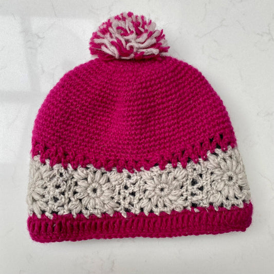 Woollen Bobble Hat - Raspberry & Grey Striped