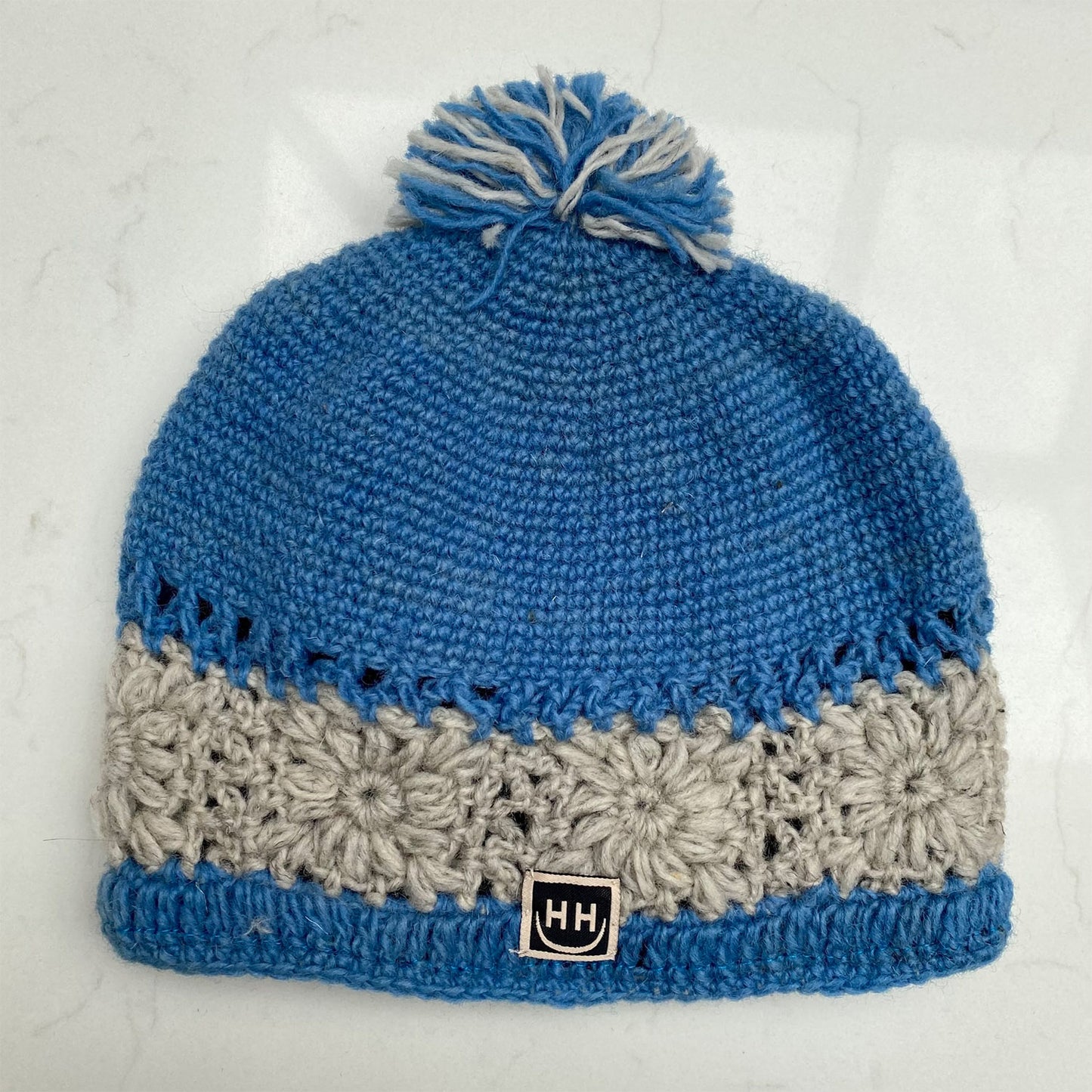 Woollen Bobble Hat - Sky Blue & Grey Striped