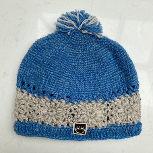 Woollen Bobble Hat - Sky Blue & Grey Striped