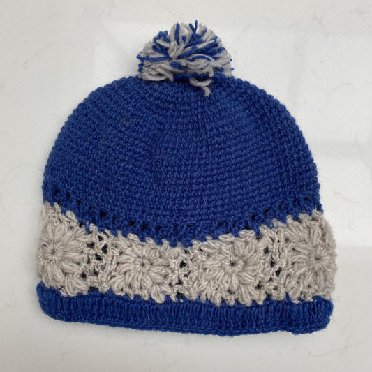 Woollen Bobble Hat - Royal Blue & Grey Striped