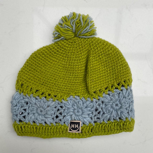 Woollen Bobble Hat - Lime & Pale Blue Striped
