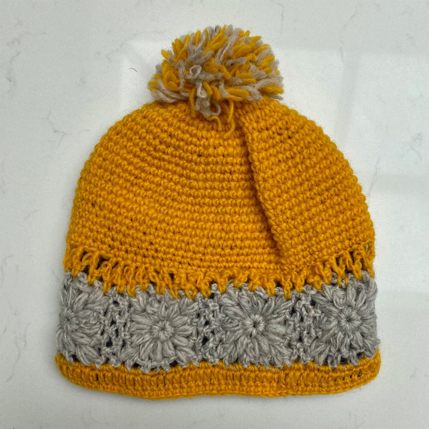 Woollen Bobble Hat - Yellow Ochre & Grey Striped
