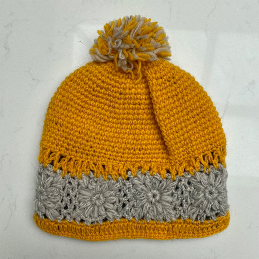 Woollen Bobble Hat - Yellow Ochre & Grey Striped