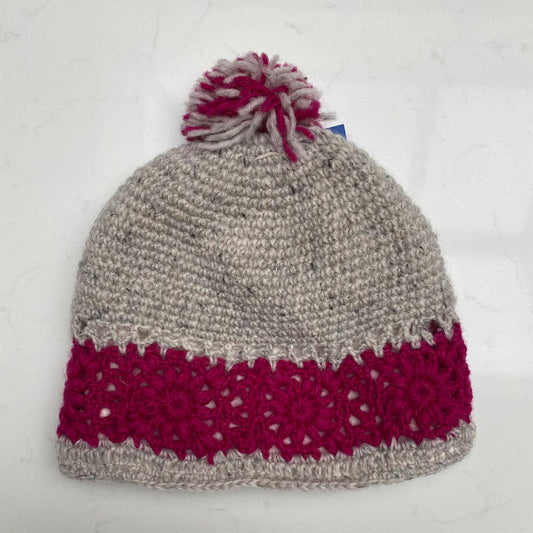 Woollen Bobble Hat - Grey & Raspberry Striped