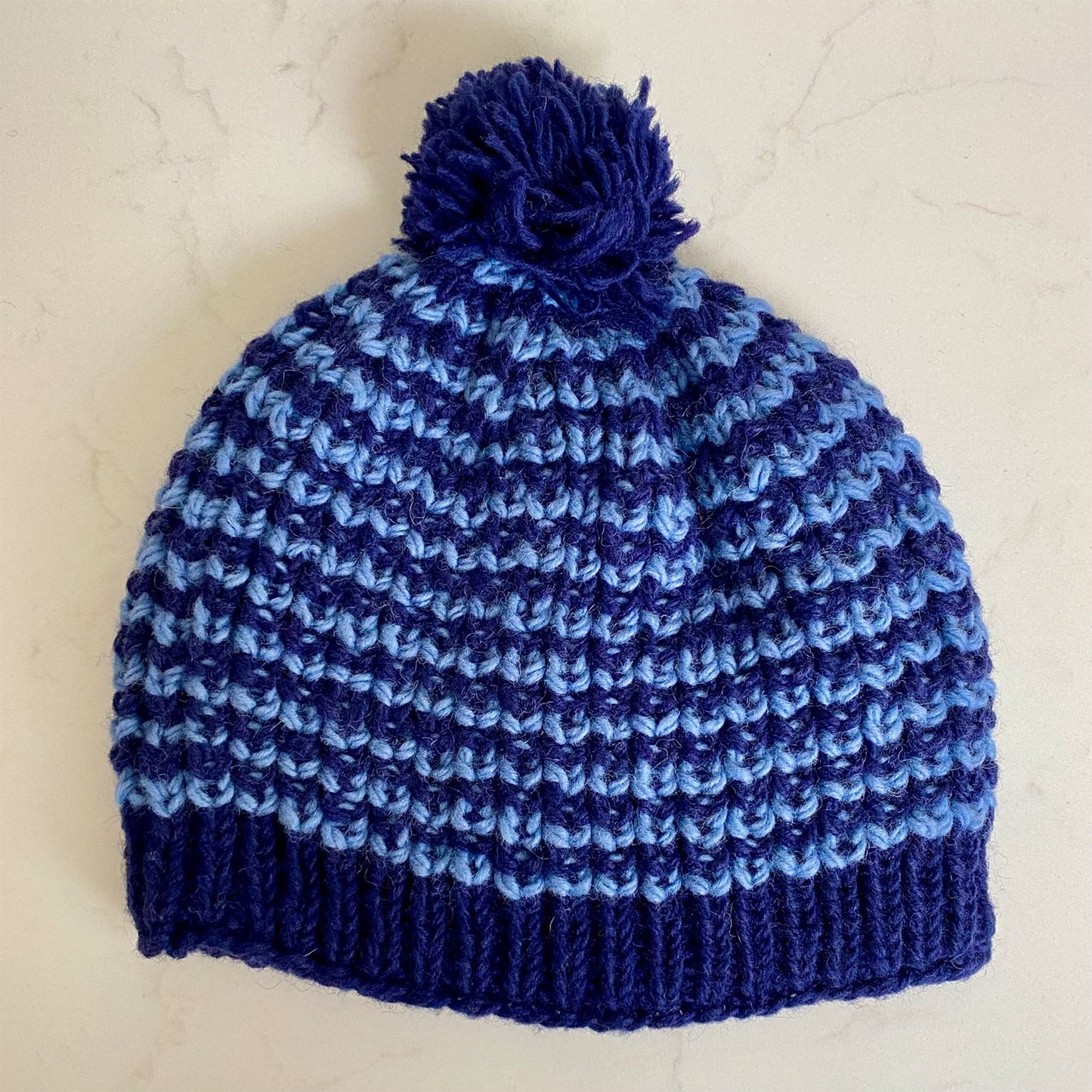 Woollen Bobble Hat - Blue & Navy Striped