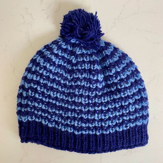 Woollen Bobble Hat - Blue & Navy Striped