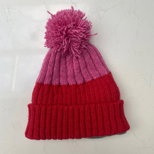 Woollen Bobble Hat - Poppy Red & Pink