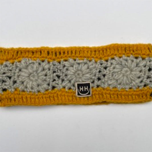 Crocheted Headband - Ochre Yellow & Grey