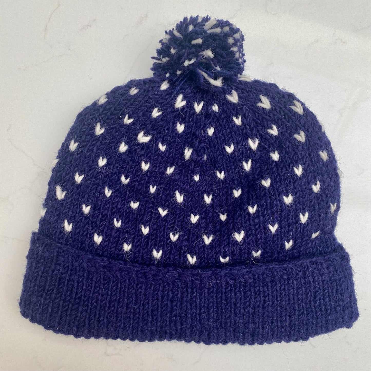 Woollen Bobble Hat - Navy & White Patterened
