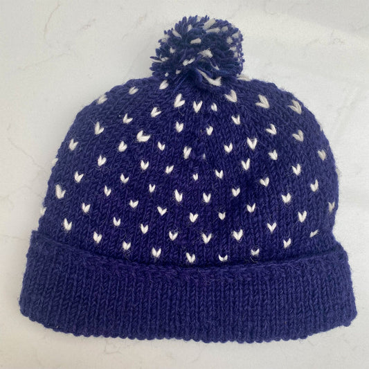 Woollen Bobble Hat - Navy & White Patterened