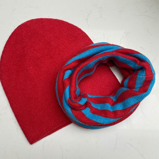 Cashmere Snood & Beanie Gift Set - Cyan & Coral