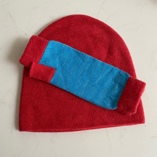 Cashmere Beanie & Wristwarmer Gift Set - Red & Cyan