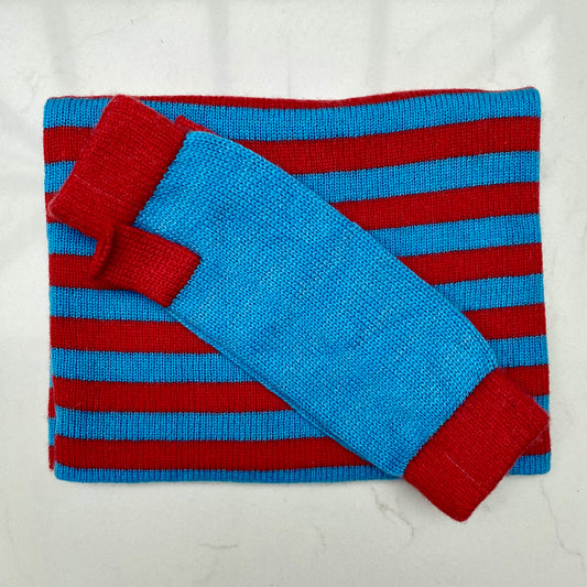 Cashmere Snood & Wristwarmers Gift Set - Red & Cyan